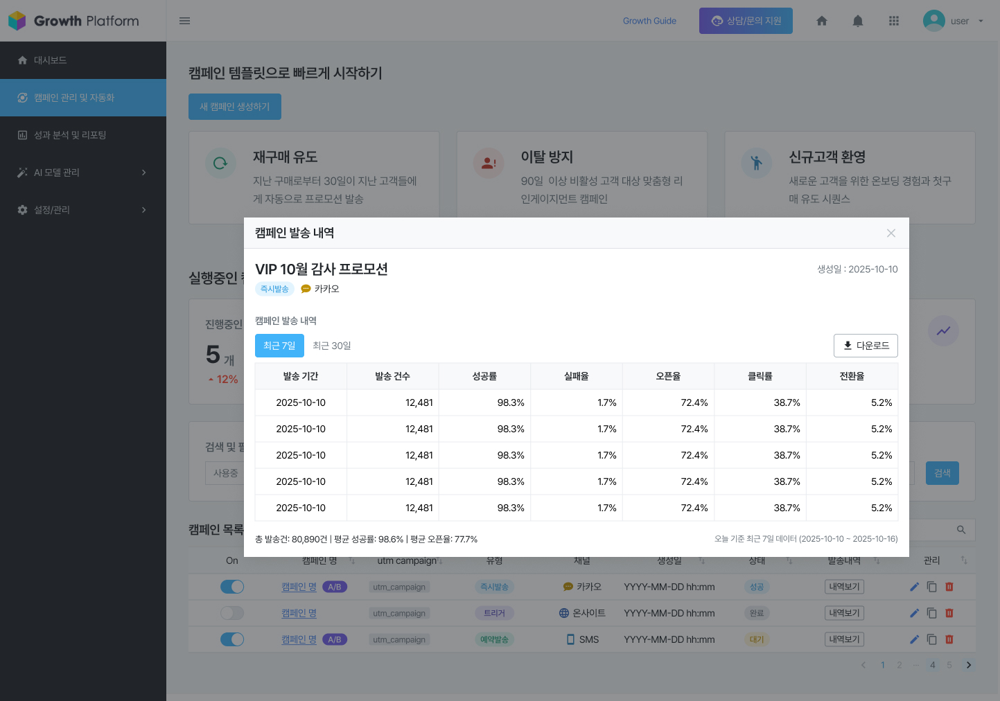 캠페인 발송 내역 팝업